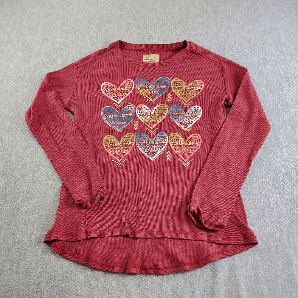 Roebuck & Co Shirt Top Womens XL Red Heart Ribbed Long Sleeve Round Neck Thermal